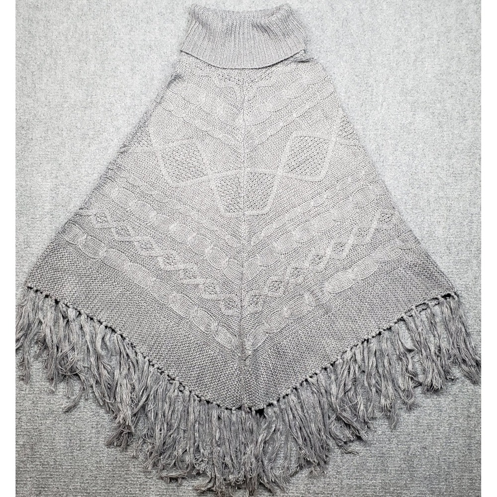 Romeo Juliet Couture Poncho Womens S Gray Cowl Neck Fringe Cable Knit Boho New